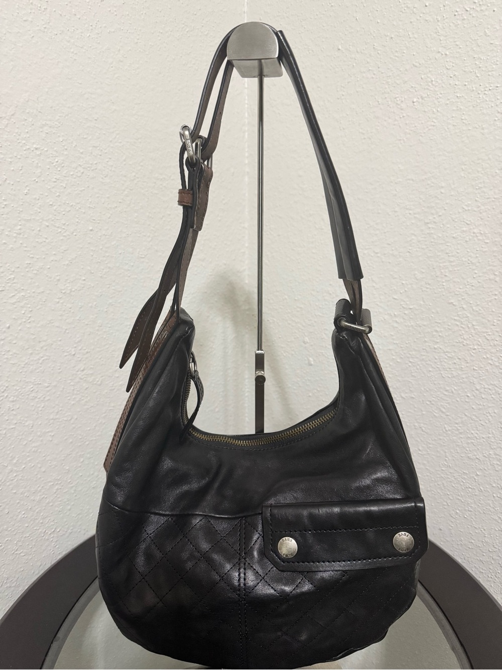 Frye Black Quilted Leather Hobo with Brown Strap